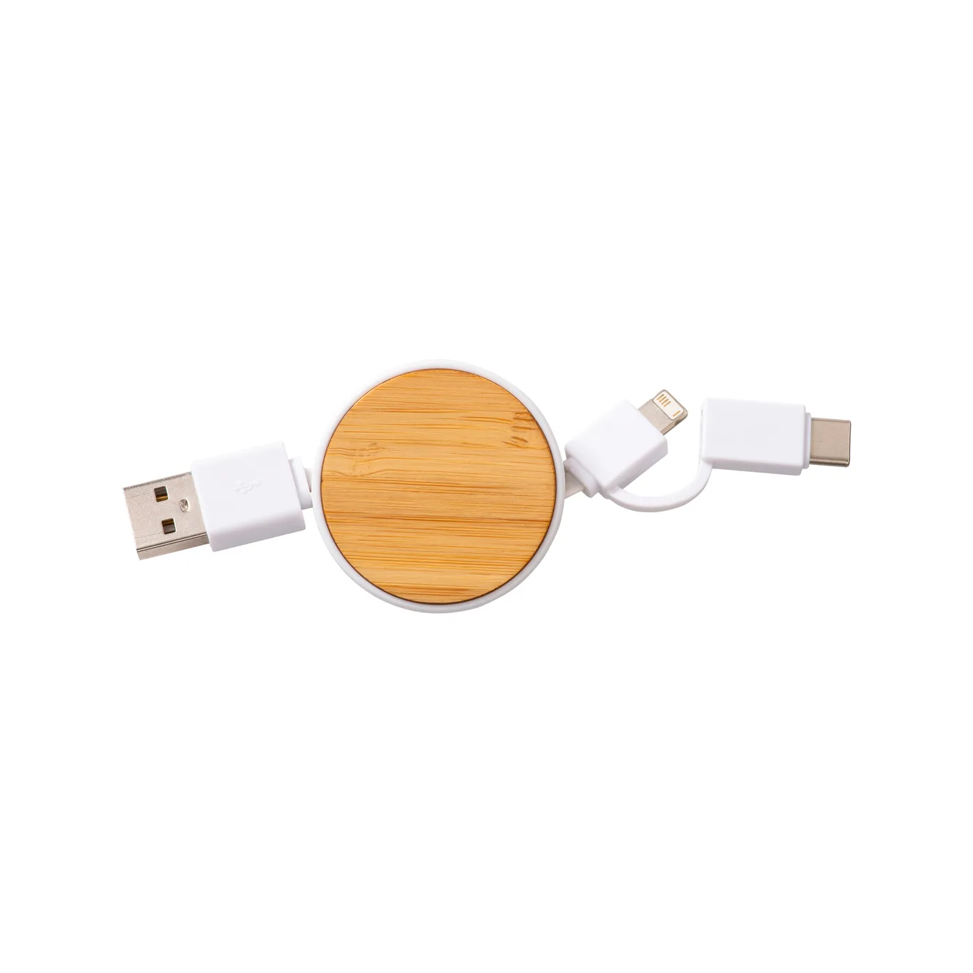 Navíjací bambusový kábel s adaptérom 3 v 1: USB-C / Lightning / Micro USB