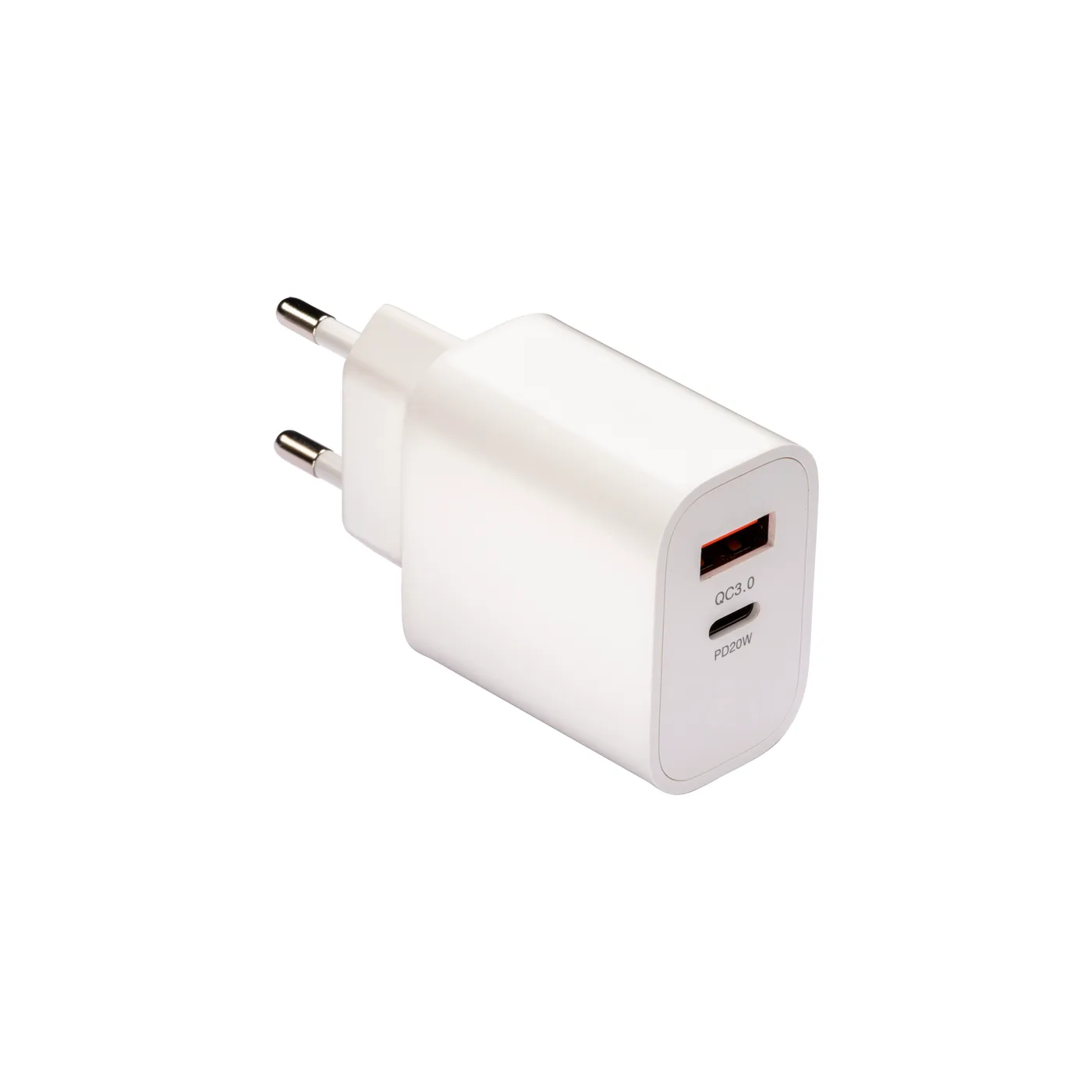 Sieťová USB nabíjačka z ABS s 1 portom USB-A a 1 portom USB-C. S dvojkolíkovou európskou zástrčkou
