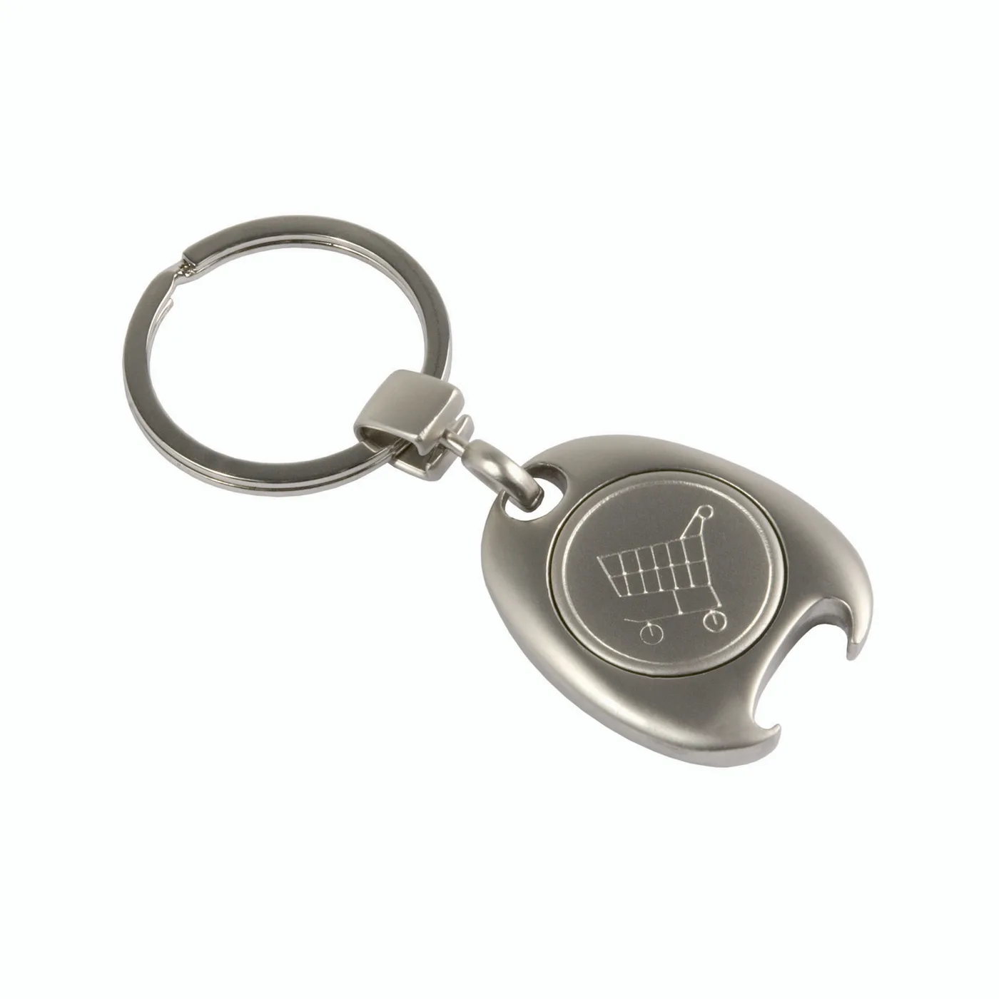 Kovová kľúčenka so žetónom do nákupného vozíka v čiernej krabičke