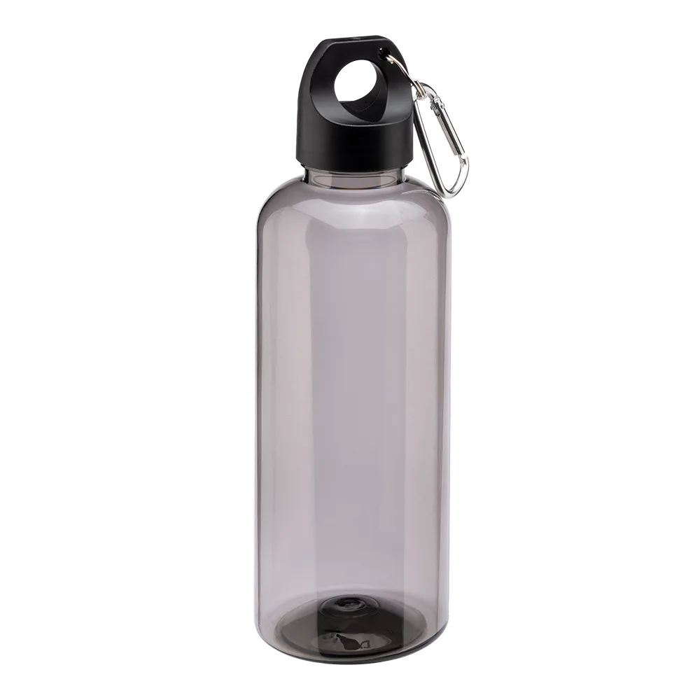 Priehľadná fľaša z recyklovaného PET 580 ml. Plastové viečko s karabínou