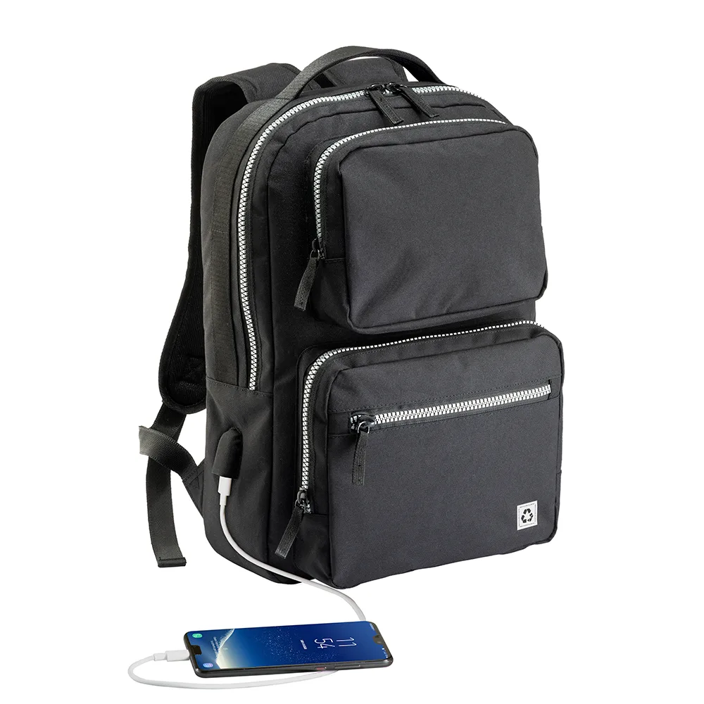 Lambro – Batoh na notebook z R-PET s externým USB portom