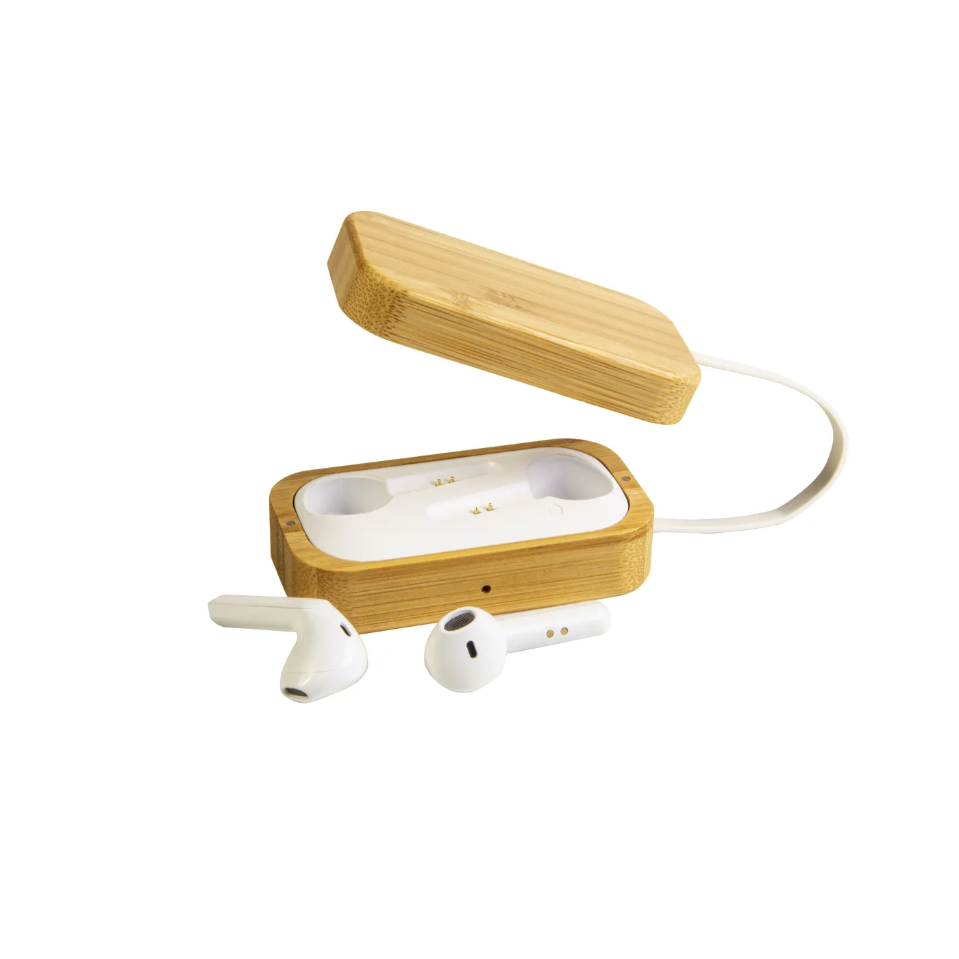 Bluetooth slúchadlá s bambusovým nabíjacím puzdrom, silikónovým pútkom a káblom Micro USB