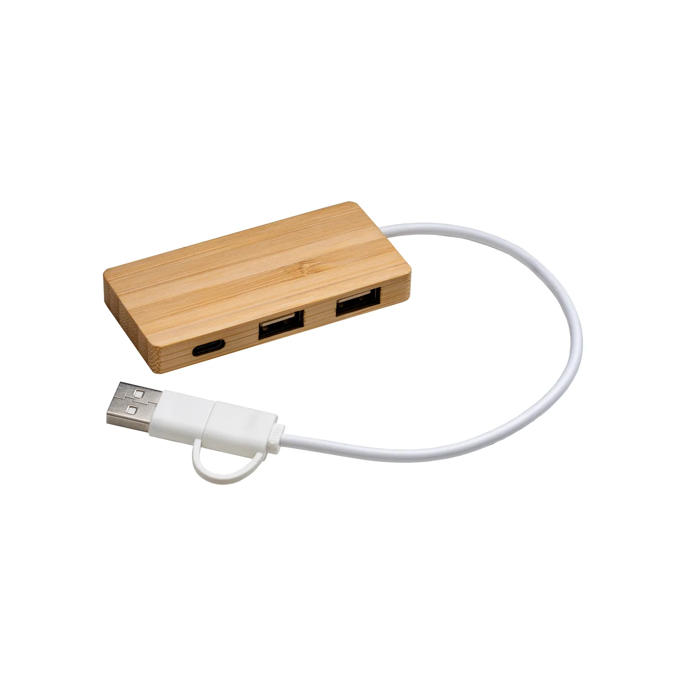 Bambusový USB rozbočovač s 2 portami USB-A a 1 portom USB-C, integrovaný kábel USB-A a USB-C