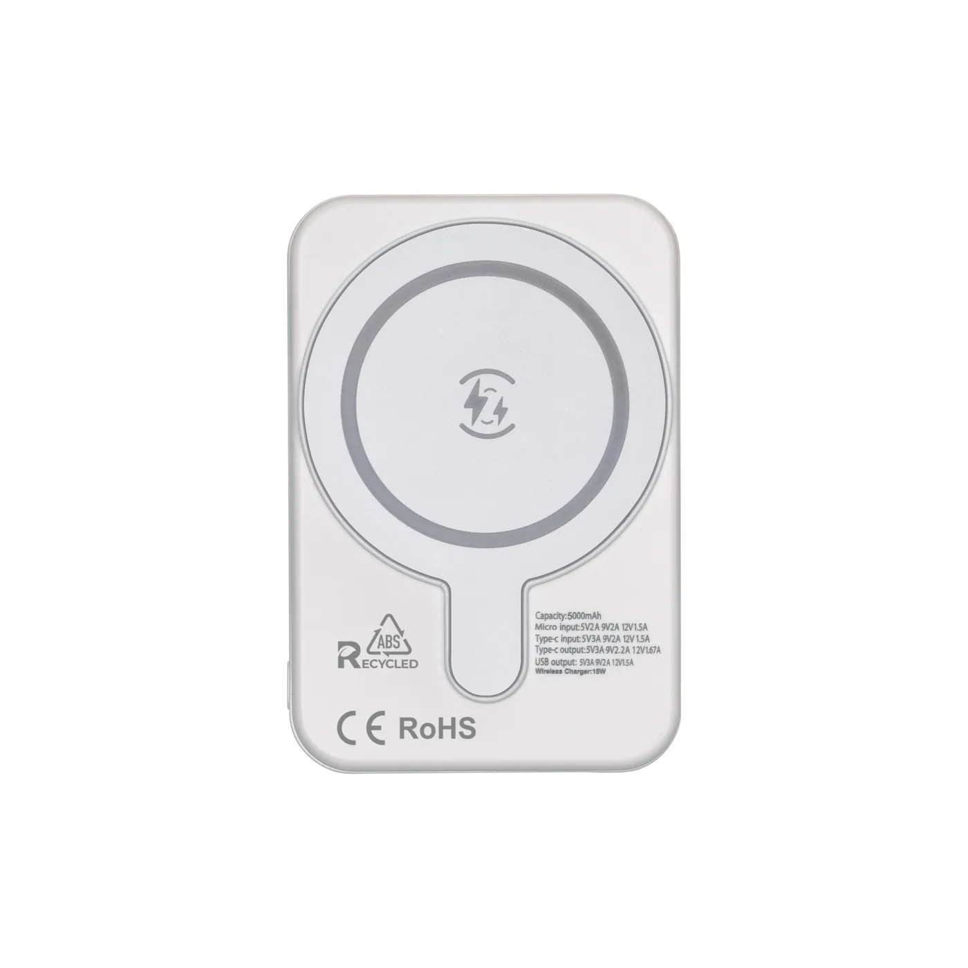 Magnetická powerbanka z R-ABS 5000 mAh, bezdrôtový výstup 15 W, s magnetickou nálepkou