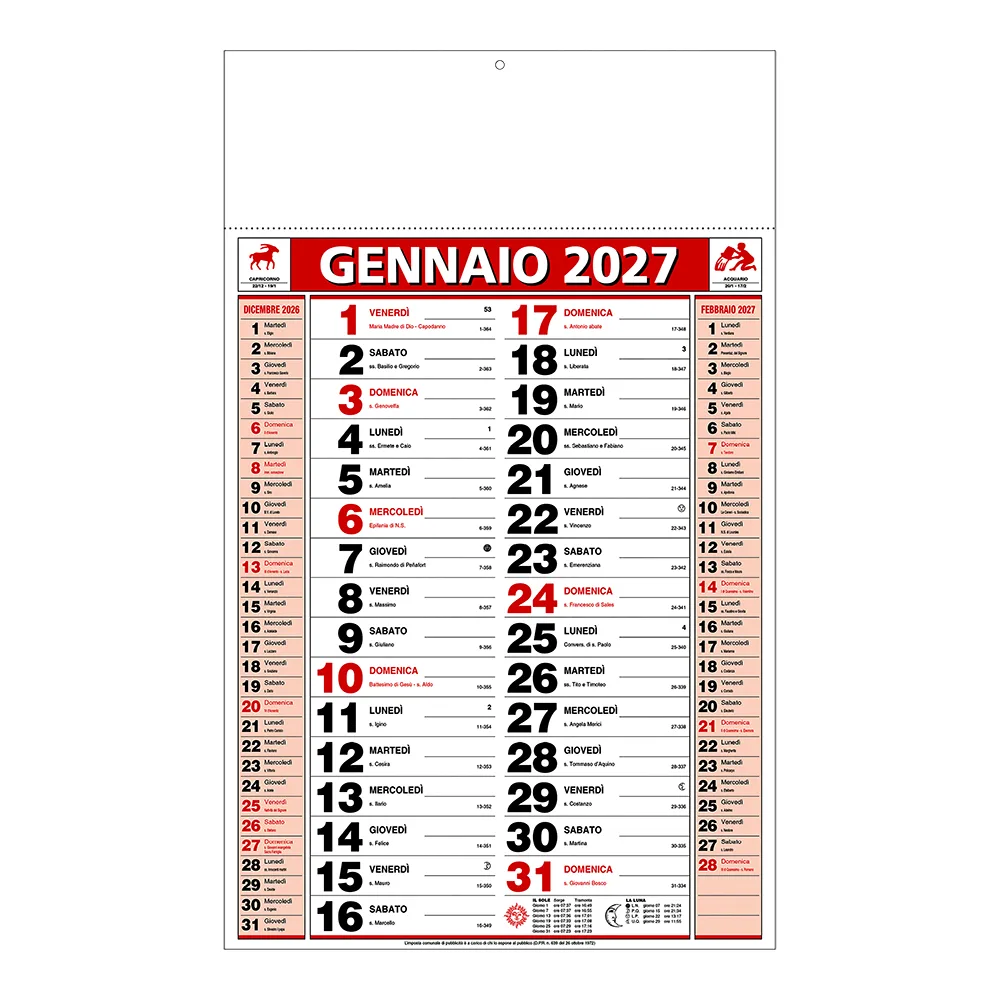 Saturno – Dvojfarebný mesačný nástenný kalendár 2027, 12 listov, natieraný papier, tepelne zváraný