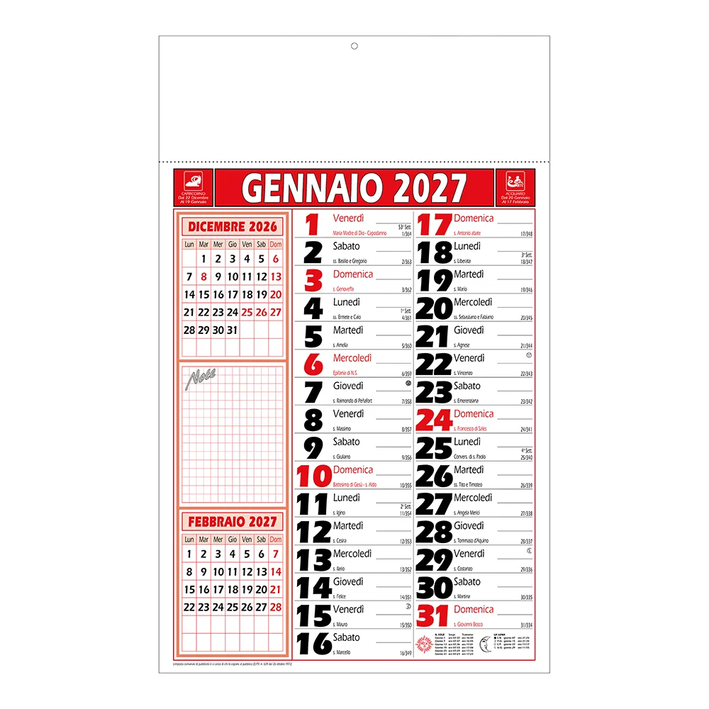 Mercurio – Dvojfarebný mesačný nástenný kalendár 2027, 12 listov, natieraný papier, tepelne zváraný
