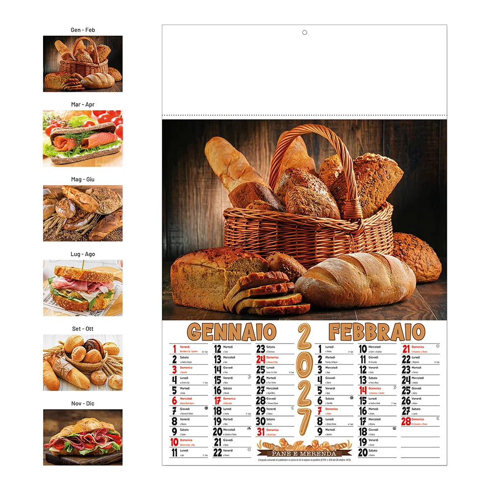 Pane e merenda – Nástenný kalendár 2027, mesačný, 6 ilustrovaných listov z natieraného papiera 130 g/m2