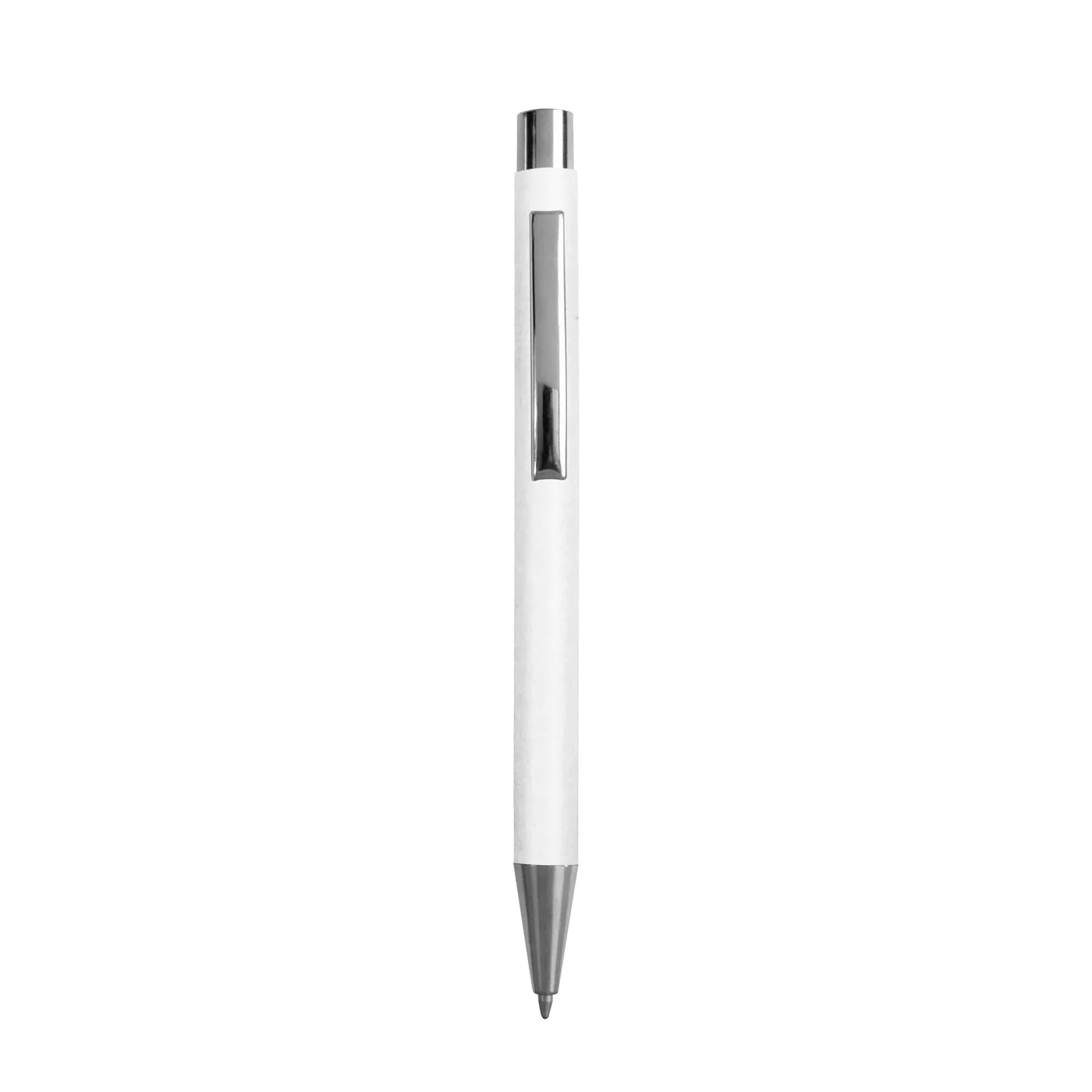 Pero s cvakacím mechanizmom z recyklovaného papiera, pochrómované detaily a kovový klip