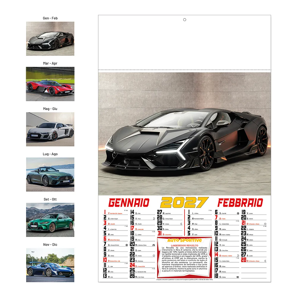 Auto sportive – Nástenný kalendár 2027, mesačný, 6 ilustrovaných listov z natieraného papiera 130 g/m2