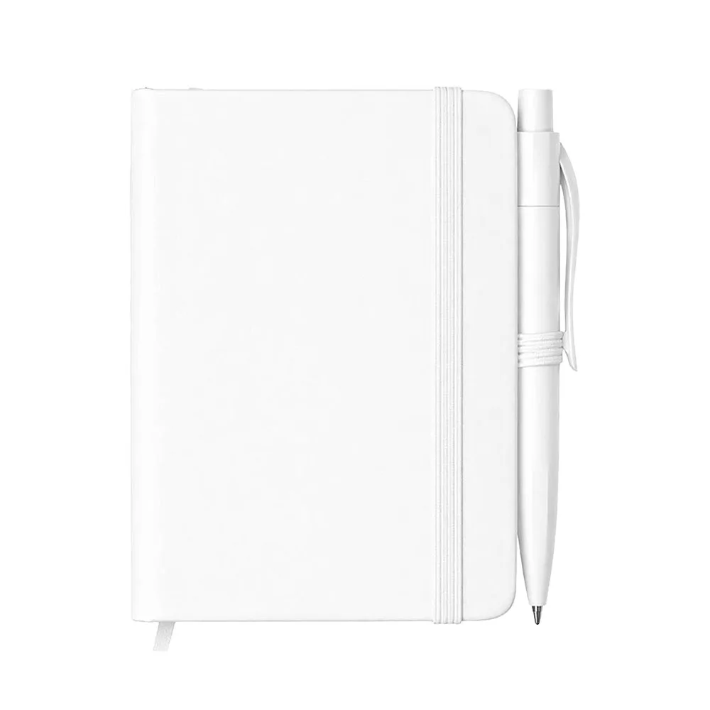 Sada zápisníka s tvrdým obalom z PU a mini perom. Gumička, saténová záložka a krabička